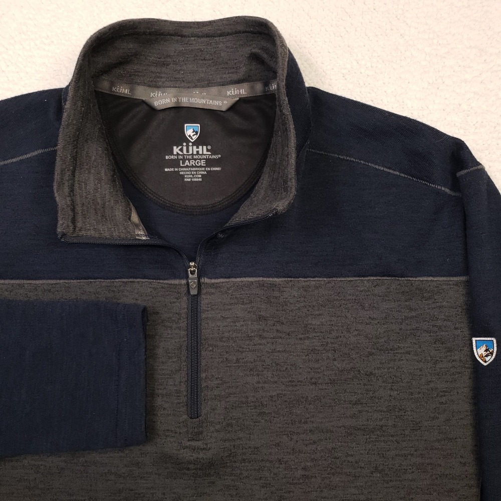 Kuhl Ryzer 1/4 Zip Sweater‎ Mens Large Gray Blue Thumbhole Hiking Pullover 3112